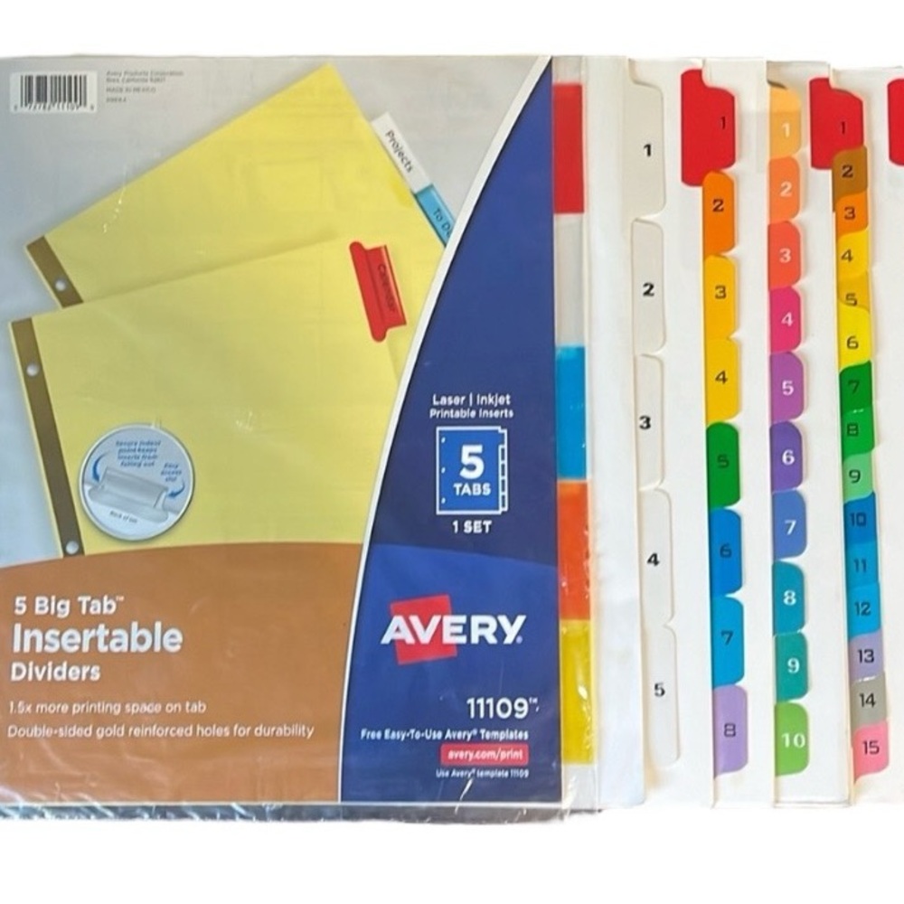 Avery Dividers 6 Sets 5 custom insertable tabs, numerical tabs 5, 8, 10, 15, 31